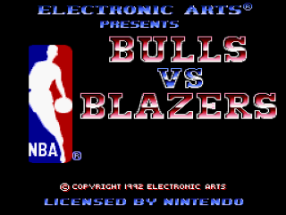 Bulls Vs Blazers and the NBA Playoffs title screen for Super Nintendo